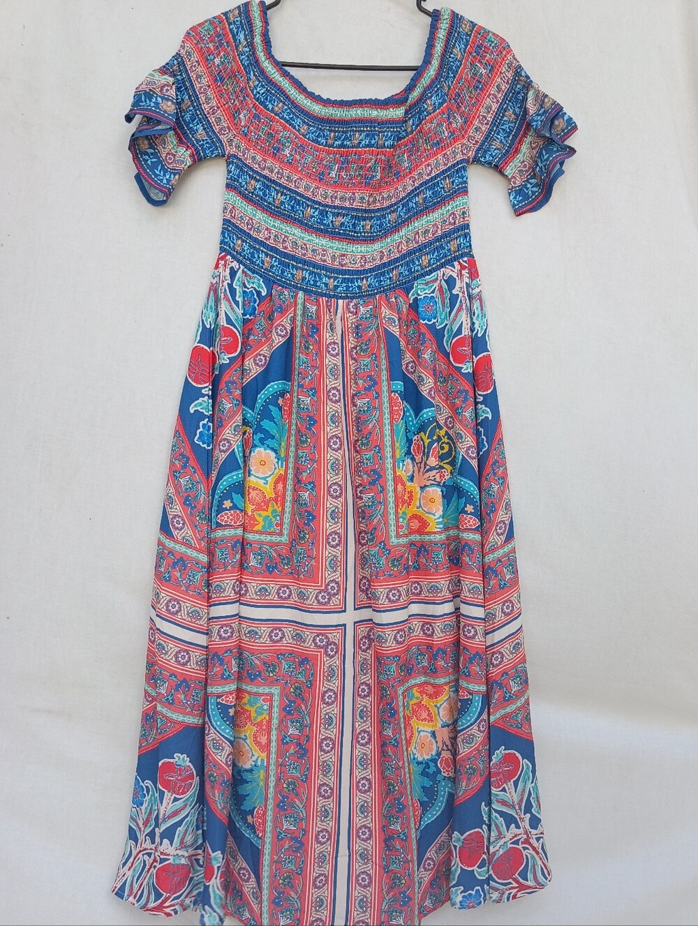 Flying Tomato Blue and Red Floral Tomato Pattern Smocked Top Maxi Dress